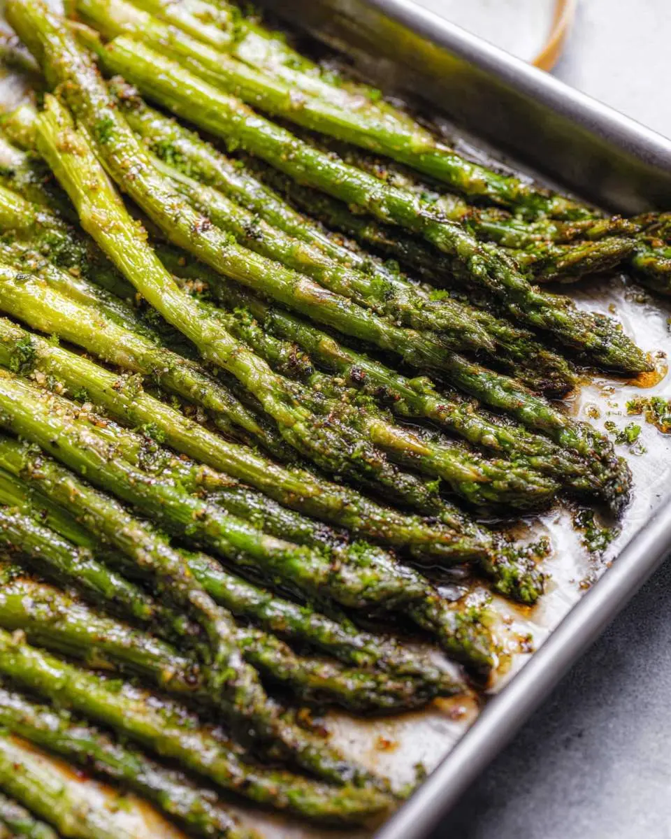 A close-up shot of perfectly seasoned and tender roasted asparagus spears glistening on a metal baking sheet.