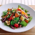 A vibrant roasted veggies salad with sweet potatoes, bell peppers, red onion, halloumi, spinach, and balsamic glaze on a white plate.