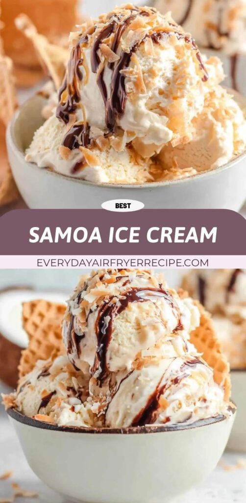 A delicious bowl of Samoa ice cream, topped with chocolate syrup and toasted coconut flakes.