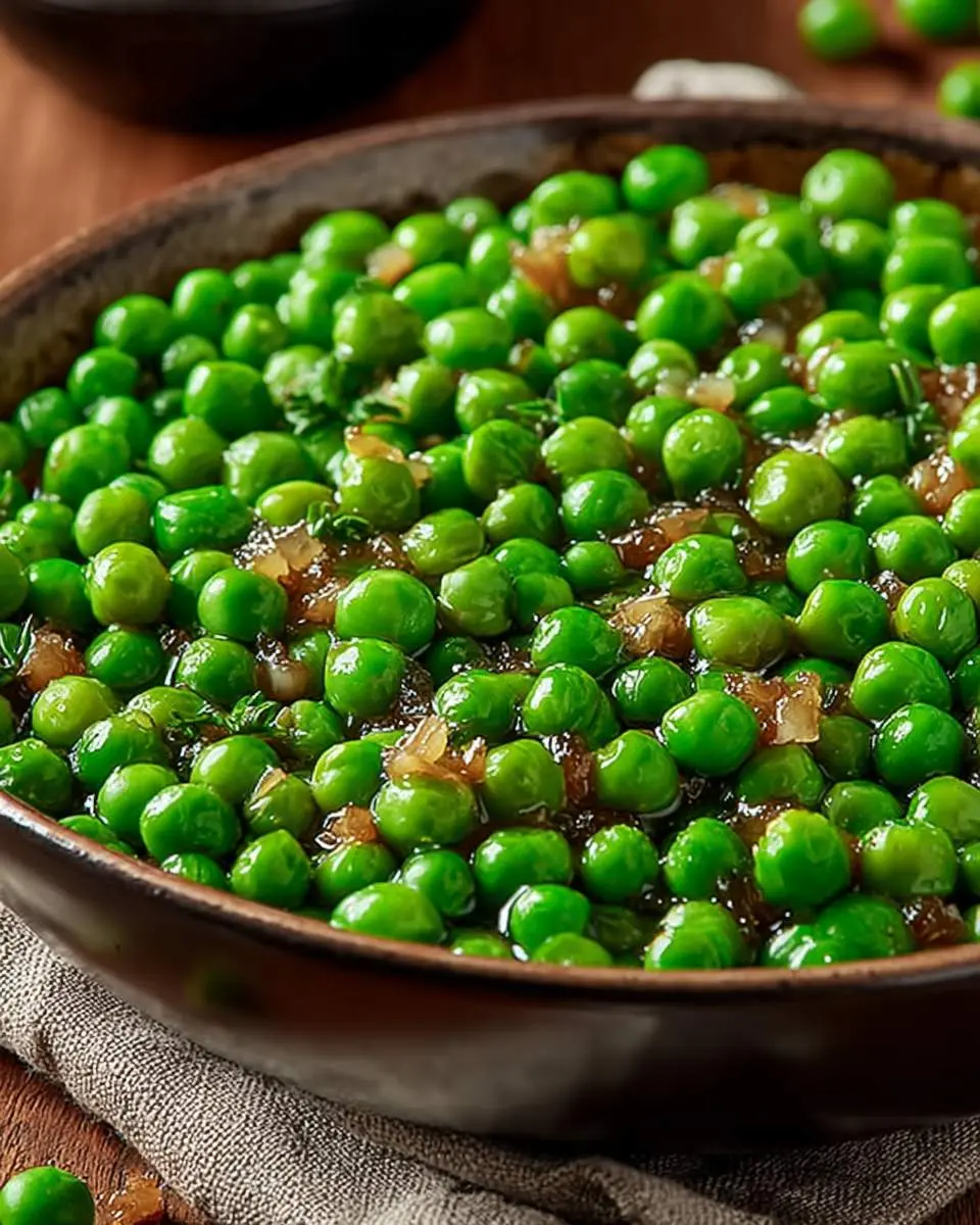 Sauteed Green Peas 29 A close-up shot of a rustic bowl filled with bright green sauteed green peas mixed with tender caramelized onions.