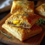 Golden, flaky Savory Breakfast Pop-Tarts filled with fluffy egg and savory sausage, stacked on a wooden board.