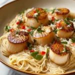 A close-up of perfectly seared sea scallops served atop delicate angel hair pasta, garnished with fresh herbs and parmesan.