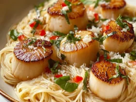 A close-up of perfectly seared sea scallops served atop delicate angel hair pasta, garnished with fresh herbs and parmesan.