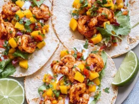 Close-up of three delicious shrimp tacos with fresh mango salsa, cilantro, and lime wedges on a light gray plate.