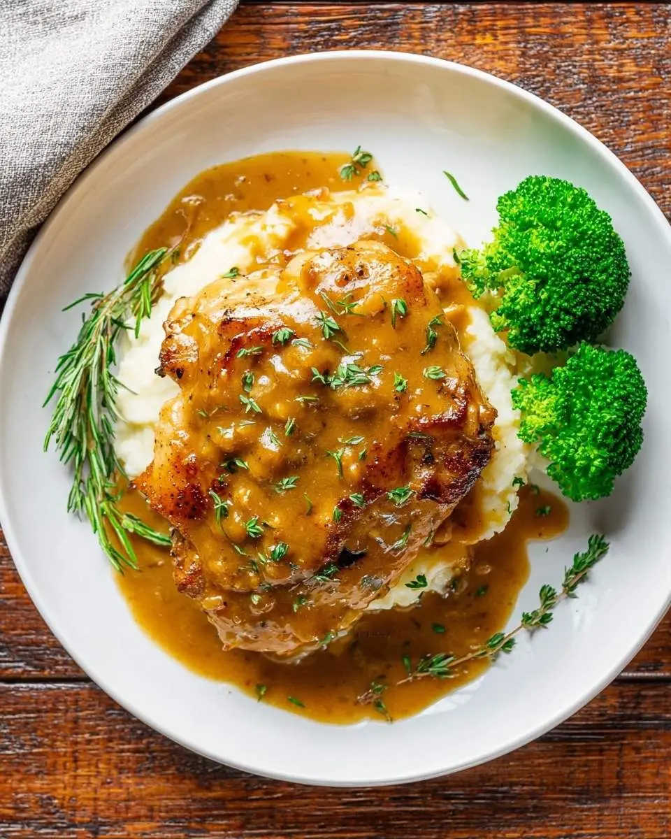Skillet Chicken With Gravy 28 A perfectly cooked Skillet Chicken With Gravy served over creamy mashed potatoes, with fresh broccoli and herbs on a rustic wooden table.