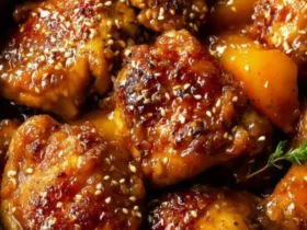 Close-up of glossy slow cooker apricot chicken pieces garnished with white sesame seeds and fresh thyme in a rustic bowl.