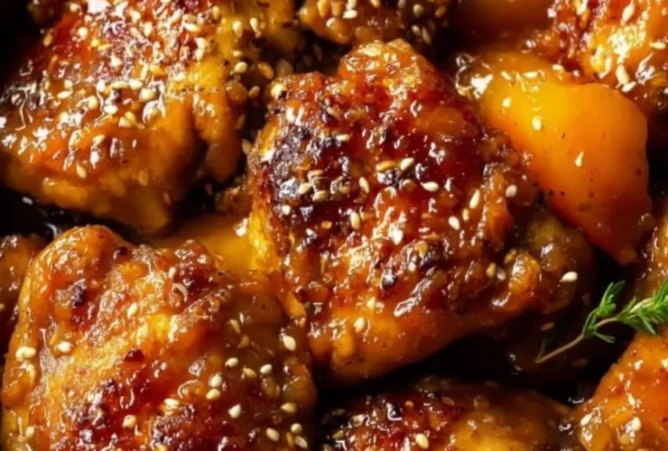 Close-up of glossy slow cooker apricot chicken pieces garnished with white sesame seeds and fresh thyme in a rustic bowl.
