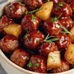 A delicious bowl of Slow Cooker Meatball Pineapple Smokies, featuring savory glazed meatballs and sweet pineapple chunks, garnished with fresh herbs.