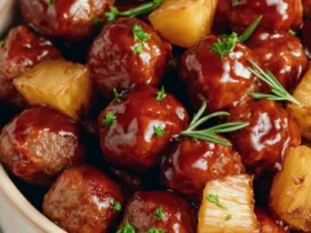 A delicious bowl of Slow Cooker Meatball Pineapple Smokies, featuring savory glazed meatballs and sweet pineapple chunks, garnished with fresh herbs.