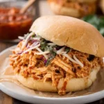 A delicious Slow Cooker Shredded Chicken Sandwich topped with crisp coleslaw and fresh herbs, served on a white plate.