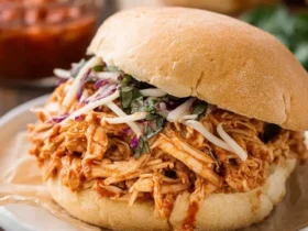 A delicious Slow Cooker Shredded Chicken Sandwich topped with crisp coleslaw and fresh herbs, served on a white plate.