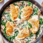 An overhead view of a delicious Spinach Chicken Skillet featuring golden-brown chicken breasts, sautéed mushrooms, and vibrant spinach in a rich cream sauce.