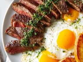 A delicious plate of perfectly cooked Steak and Eggs, featuring sliced steak with herb sauce, sunny-side-up eggs, and toasted bread.
