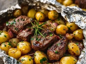 Close-up of savory Steak and Potatoes Foil Packets, featuring juicy beef, golden baby potatoes, red onion, and fresh rosemary, ready to eat.