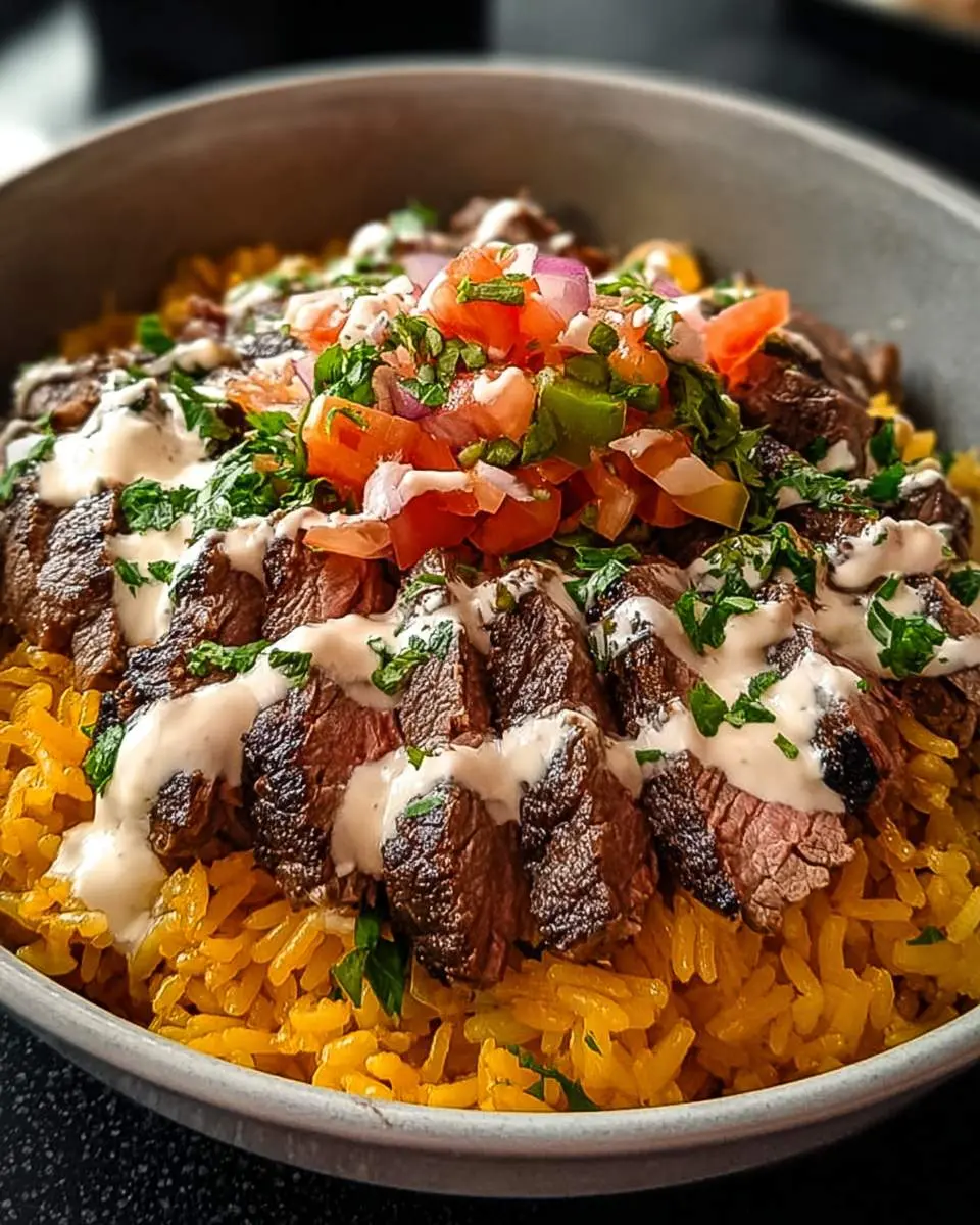 A vibrant close-up of a delicious Steak Queso Rice Bowl, featuring tender sliced steak, yellow rice, pico de gallo, and creamy sauce.
