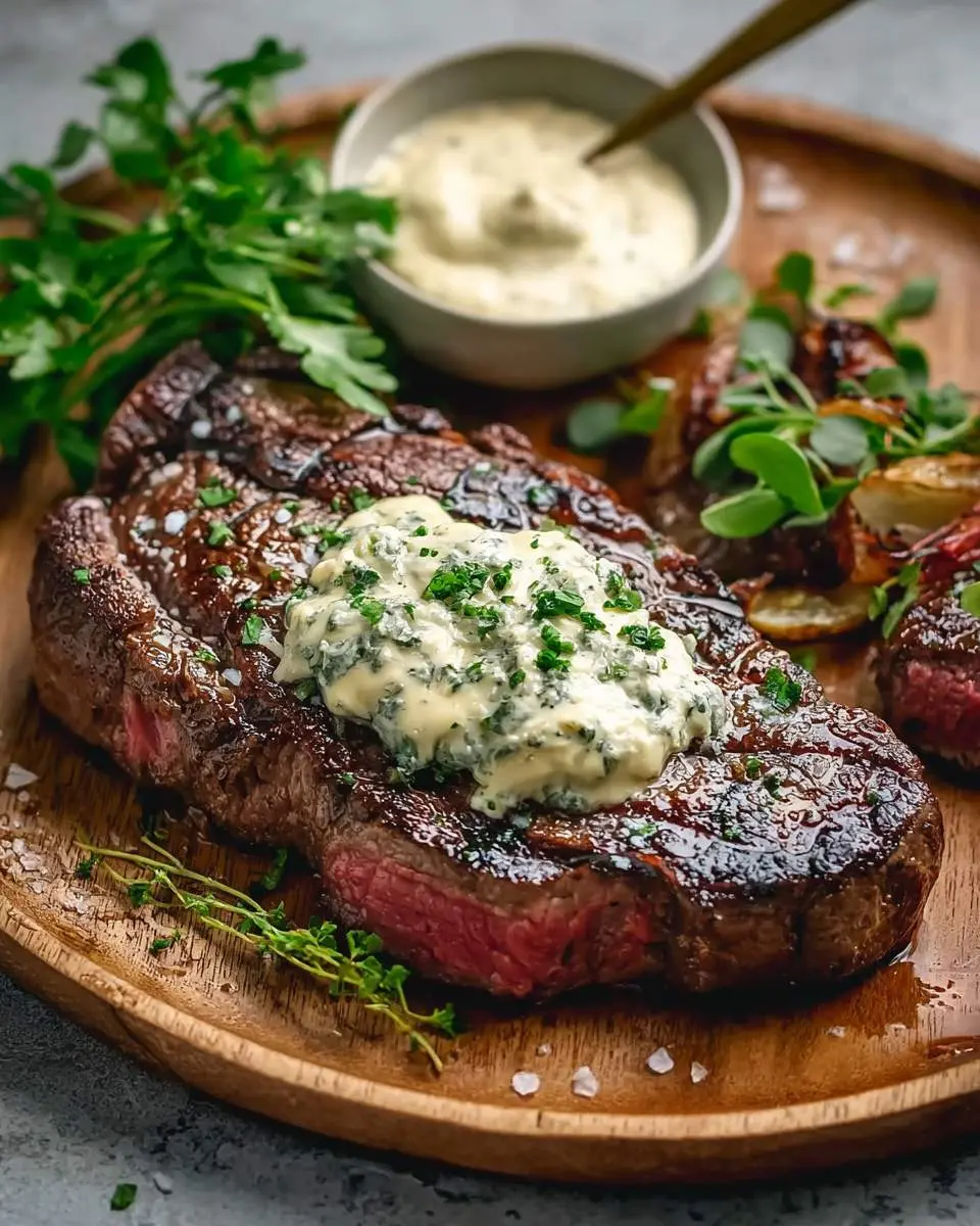 Steak with Blue Cheese Butter 28 A perfectly cooked steak, glistening and topped generously with melting blue cheese butter, served on a wooden platter with fresh herbs.