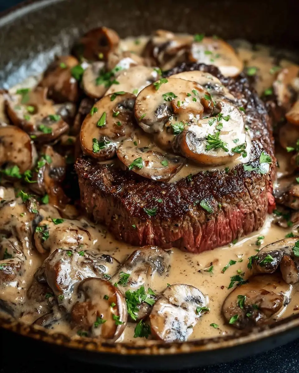 Steak with Mushroom Sauce 28 Succulent pan-seared steak with mushroom sauce, garnished with fresh parsley, served in a dark pan.