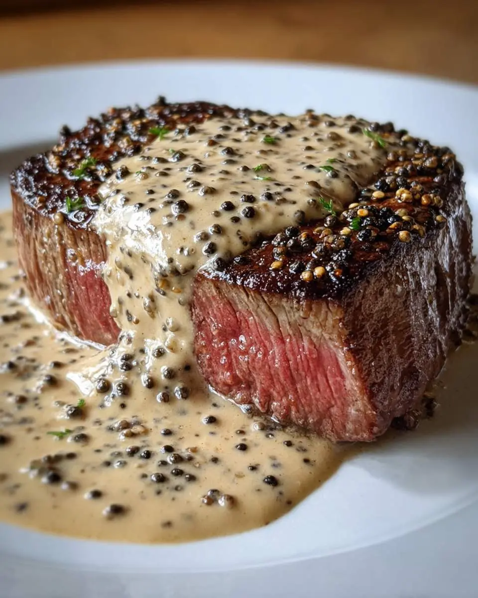 A beautifully seared medium-rare Steak with Peppercorn Sauce, richly coated and garnished with herbs on a white plate.