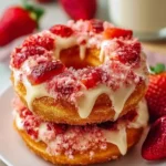 A close-up of two stacked strawberry cheesecake donuts topped with white icing, fresh strawberry pieces, and pink crumble.