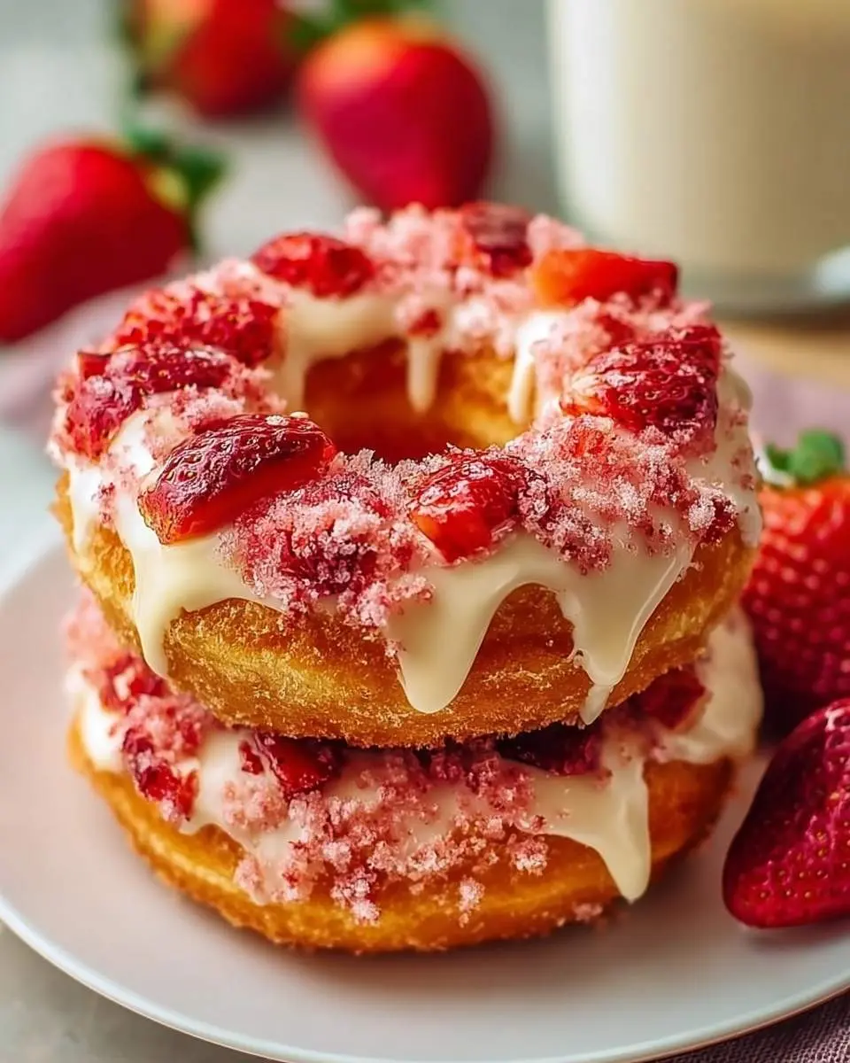 Strawberry cheesecake donuts 29 A close-up of two stacked strawberry cheesecake donuts topped with white icing, fresh strawberry pieces, and pink crumble.