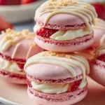 Stack of pink Strawberry Cheesecake Macarons with White Chocolate Drizzle topped with crumble on a plate.