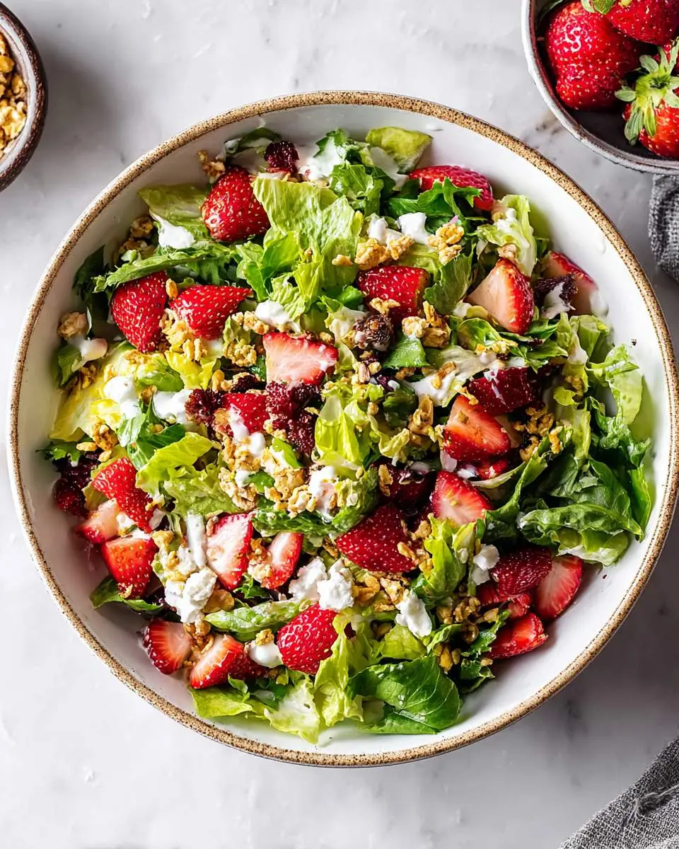 Strawberry Crunch Salad 28 A vibrant Strawberry Crunch Salad featuring fresh lettuce, sliced strawberries, granola, and creamy dressing in a white bowl on a marble surface.