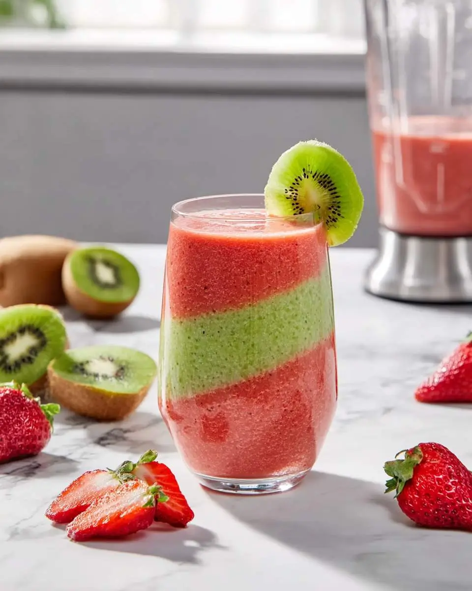 A beautifully layered Strawberry Kiwi Smoothie, garnished with a kiwi slice, with fresh strawberries and kiwis on a marble counter.