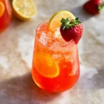 A refreshing glass of strawberry lemonade garnished with fresh strawberry and lemon slices over ice.
