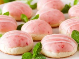A white cake stand holds multiple round Strawberry Lemonade Meltaway Cookies with pink glaze and white drizzles, garnished with fresh mint, against a background of lemons.