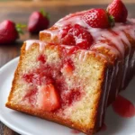 A delicious slice of strawberry pound cake, topped with white glaze and fresh strawberries, revealing a vibrant strawberry swirl inside.
