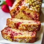 A sliced loaf of moist strawberry rhubarb bread with a pistachio and powdered sugar topping on a white plate.