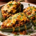 Three oven-baked stuffed poblano peppers with melted cheese, a savory ground meat and bean filling, garnished with fresh cilantro.