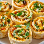 Close-up of delicious Taco Cream Cheese Pinwheels arranged on a white plate, garnished with fresh herbs.
