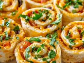 Close-up of delicious Taco Cream Cheese Pinwheels arranged on a white plate, garnished with fresh herbs.