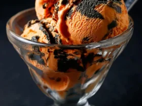 Scoops of vibrant orange and black swirled Tiger Tail Ice Cream served in a clear glass sundae dish.