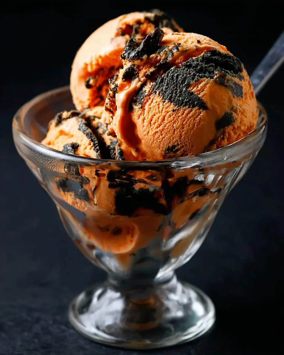 Scoops of vibrant orange and black swirled Tiger Tail Ice Cream served in a clear glass sundae dish.