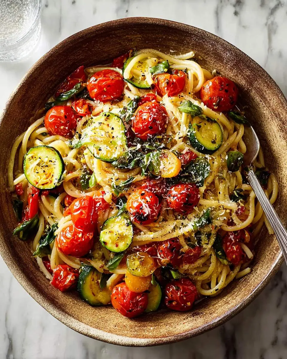 Tomato Zucchini Pasta 28 A close-up of vibrant Tomato Zucchini Pasta in a rustic bowl, packed with roasted cherry tomatoes, grilled zucchini, fresh basil, and Parmesan.