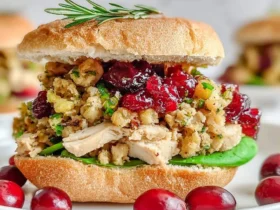 A close-up of a festive Turkey Stuffing and Cranberry Sandwich on a soft bun, garnished with rosemary and fresh cranberries.