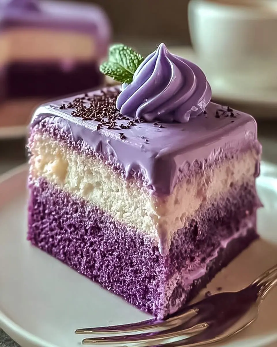 A delectable slice of Ube Tres Leches Cake with vibrant purple sponge, white creamy filling, purple glaze, and a mint garnish.