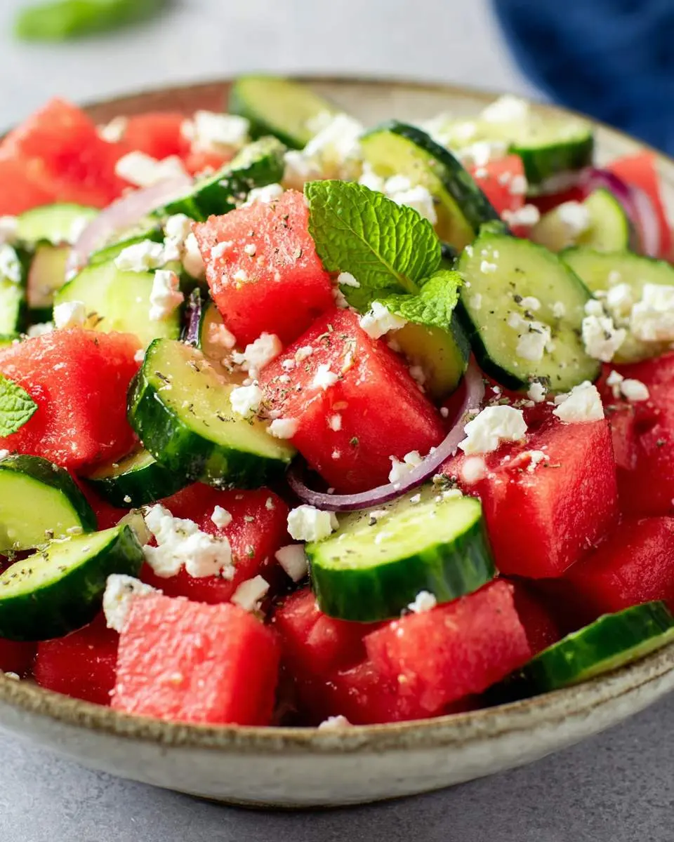 Watermelon Salad with Feta and Cucumber 28 A refreshing bowl of Watermelon Salad with Feta and Cucumber, garnished with fresh mint leaves and a sprinkle of dried herbs.
