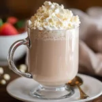 A delicious white chocolate mocha recipe served in a clear glass mug, topped with whipped cream and white chocolate shavings.
