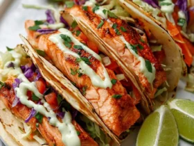 Air Fryer Salmon Tacos with crispy seasoned fish, cabbage slaw, and creamy lime sauce on a white plate.