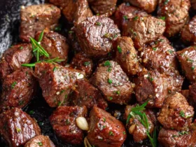 Air Fryer Steak Bites 55 Golden brown Air Fryer Steak Bites sizzling in a cast iron skillet with fresh herbs and garlic.