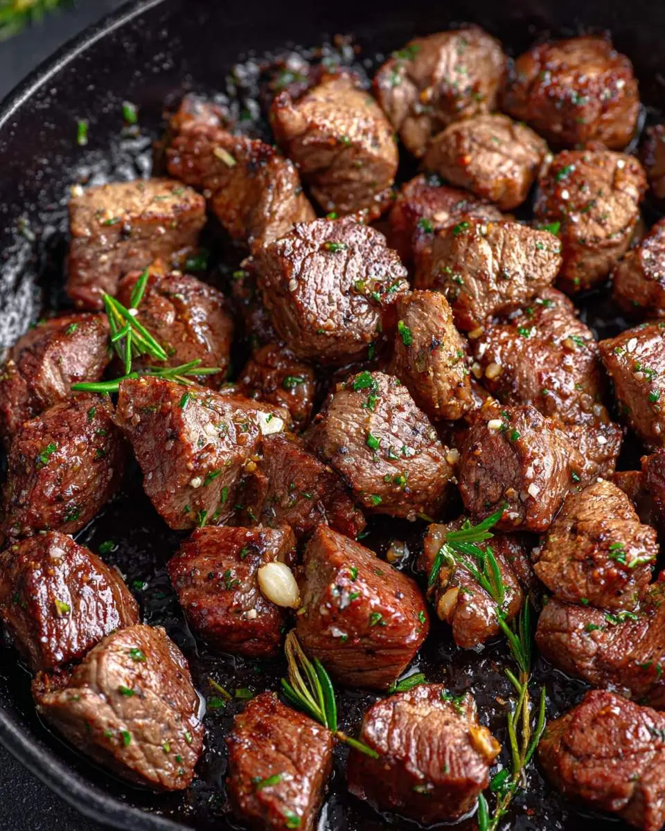 Air Fryer Steak Bites 28 Golden brown Air Fryer Steak Bites sizzling in a cast iron skillet with fresh herbs and garlic.