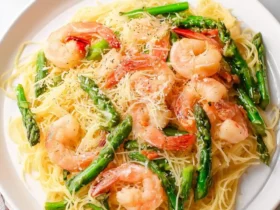 A white plate of angel hair pasta with shrimp and asparagus topped with grated Parmesan cheese and black pepper.