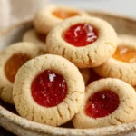 A rustic bowl filled with Apricot Jam Thumbprint Cookies featuring red and orange jam centers, showcasing their crumbly sugar-coated texture.