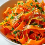Fresh Asian Carrot Ribbon Salad with chopped herbs and garlic in a white bowl.