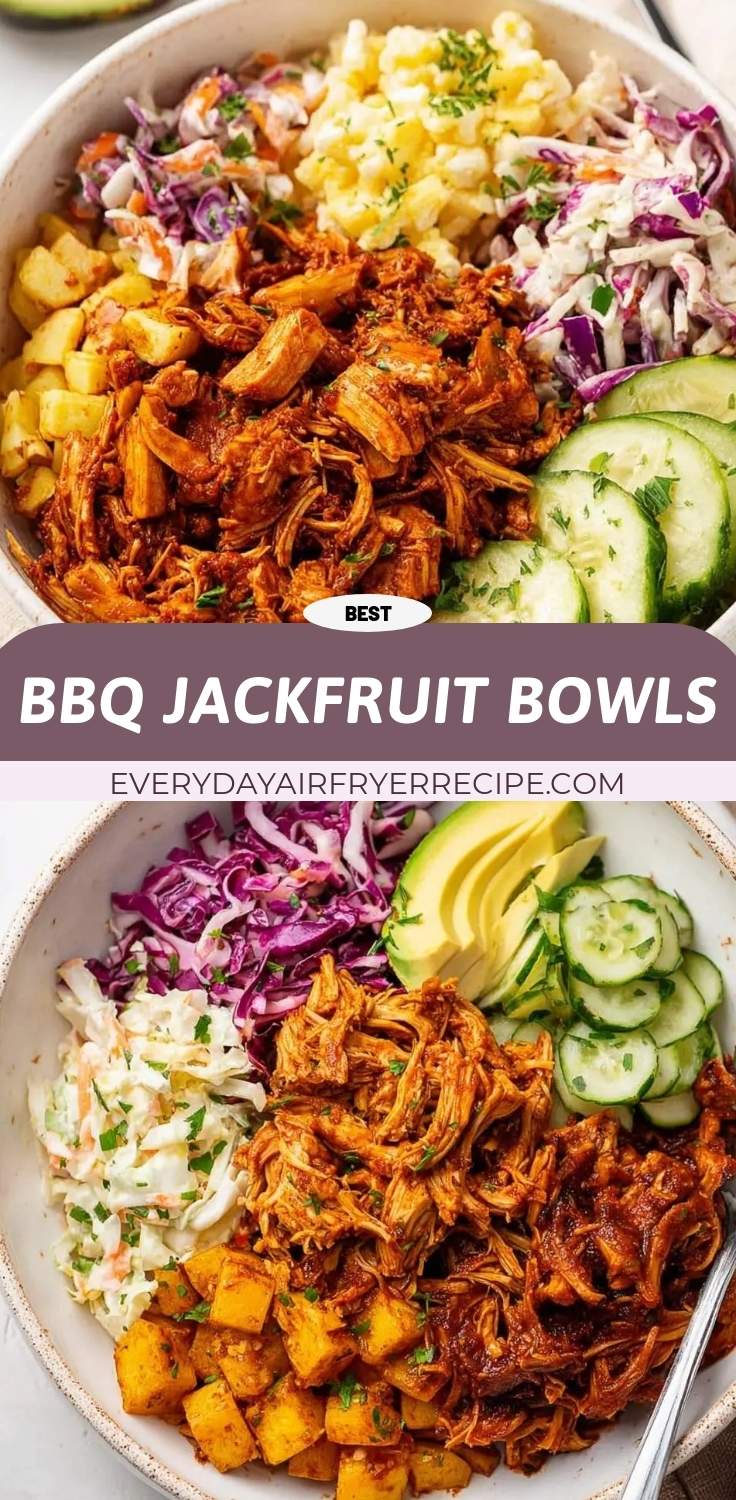 finished BBQ jackfruit bowls with rice avocado and pickles ready to serve