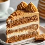 A slice of layered Biscoff cake with cookie butter frosting and crumbled speculoos topping on a white plate.