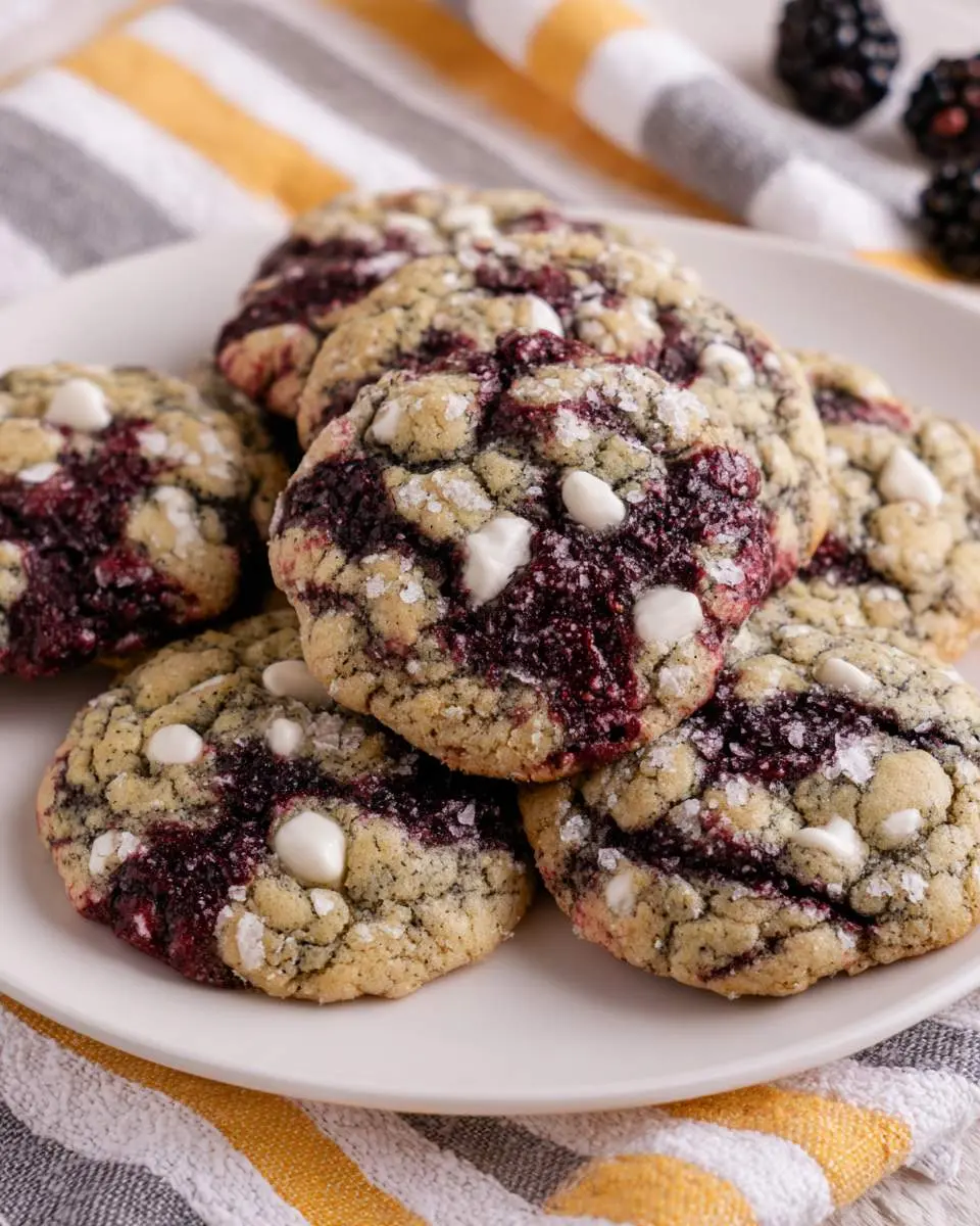 A stack of homemade Blackberry Crinkle Cookies with white chocolate chips on a white plate over a striped towel.